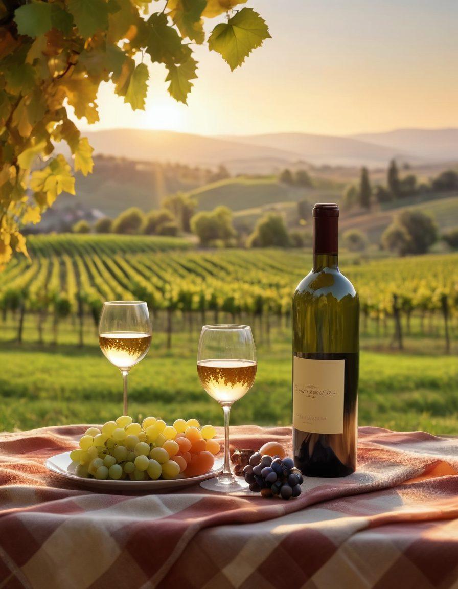 A picturesque vineyard at sunset, with lush grapevines stretching across the landscape, a cozy picnic setup featuring a bottle of wine and elegant glasses on a checkered cloth. The scene captures a serene ambiance, with rolling hills in the background and soft golden light illuminating the setting. A gentle breeze rustles the leaves, evoking a sense of tranquility and joy. super-realistic. warm colors. 3D.