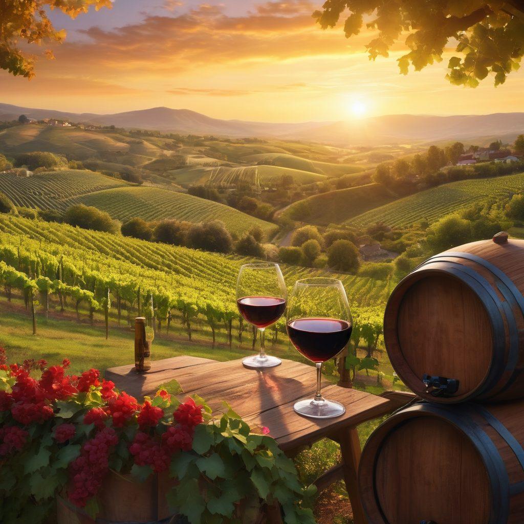 A picturesque vineyard at sunset, with lush green grapevines intertwined with blooming flowers. A couple enjoying wine tasting, clinking their glasses filled with rich red wine, surrounded by rustic wine barrels. Soft golden light creates a warm and inviting atmosphere. In the background, rolling hills and a radiant sky enhance the romantic ambiance. super-realistic. vibrant colors.